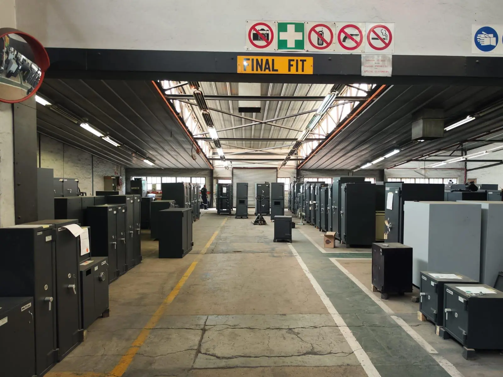 Safes on the Mutual Safes factory floor in the final-fit area