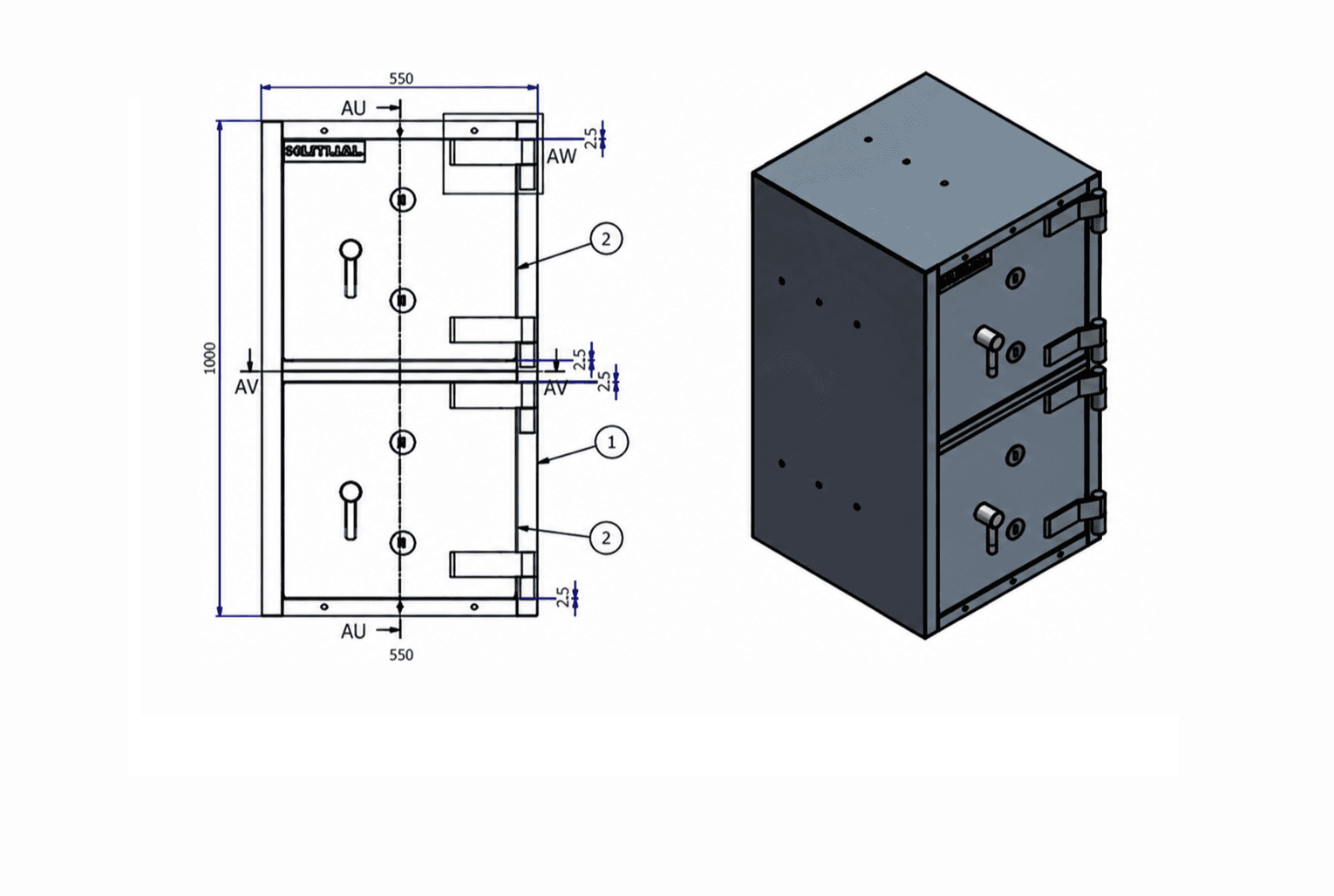 Engineering drawing showing closed and open views of a Mutual RMS2 drop safe