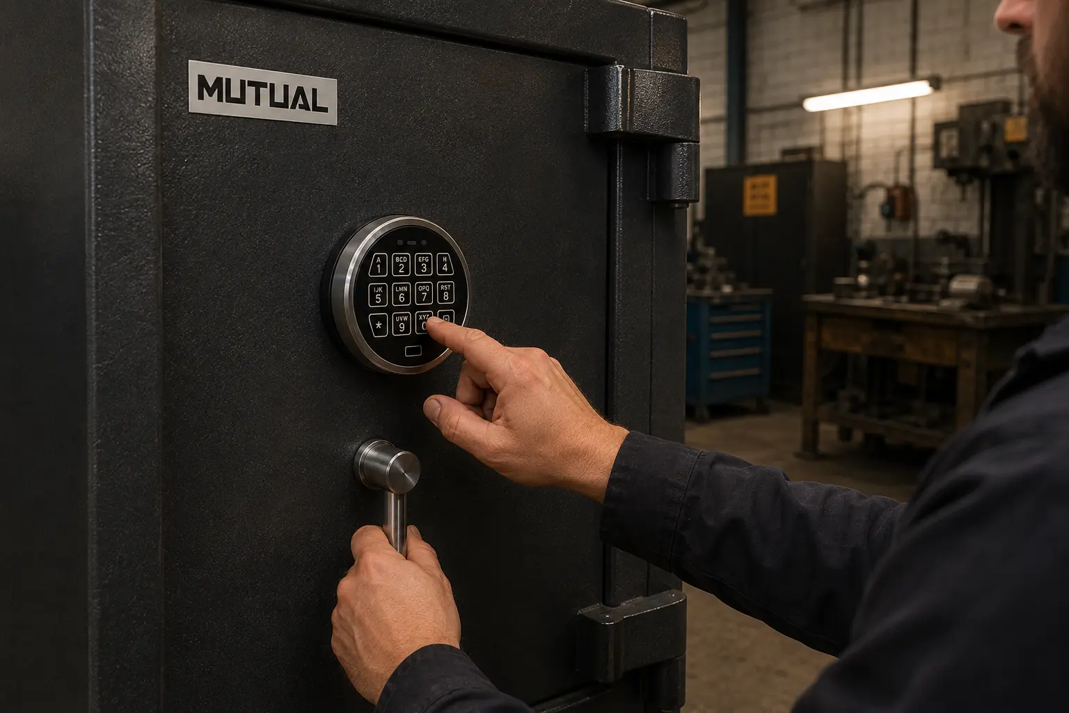 Technician fitting or testing a safe lock