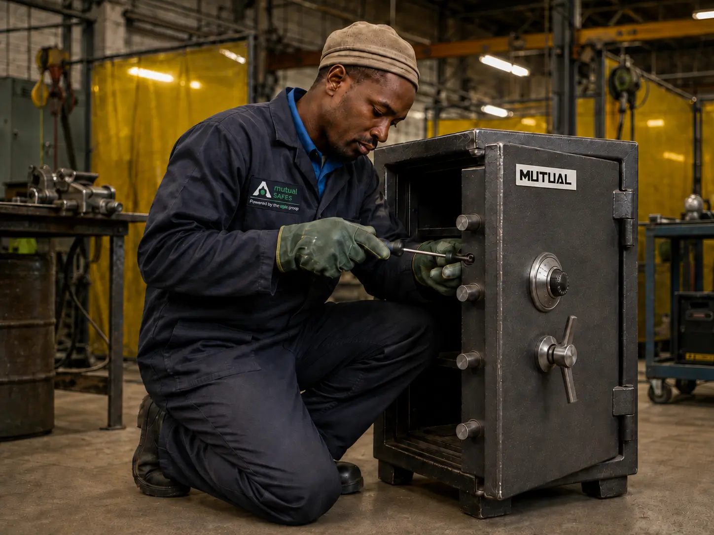 Technician servicing a safe door or locking mechanism