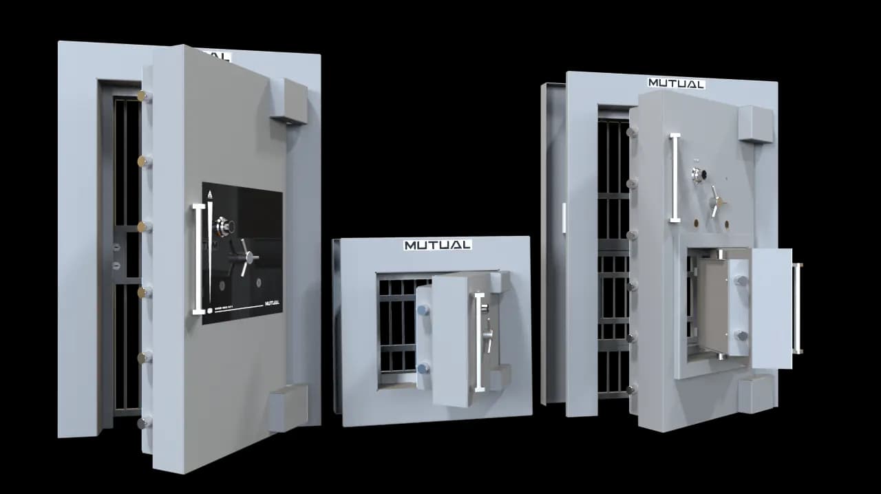 Three Mutual vault doors shown open with their grille gates and locking mechanisms